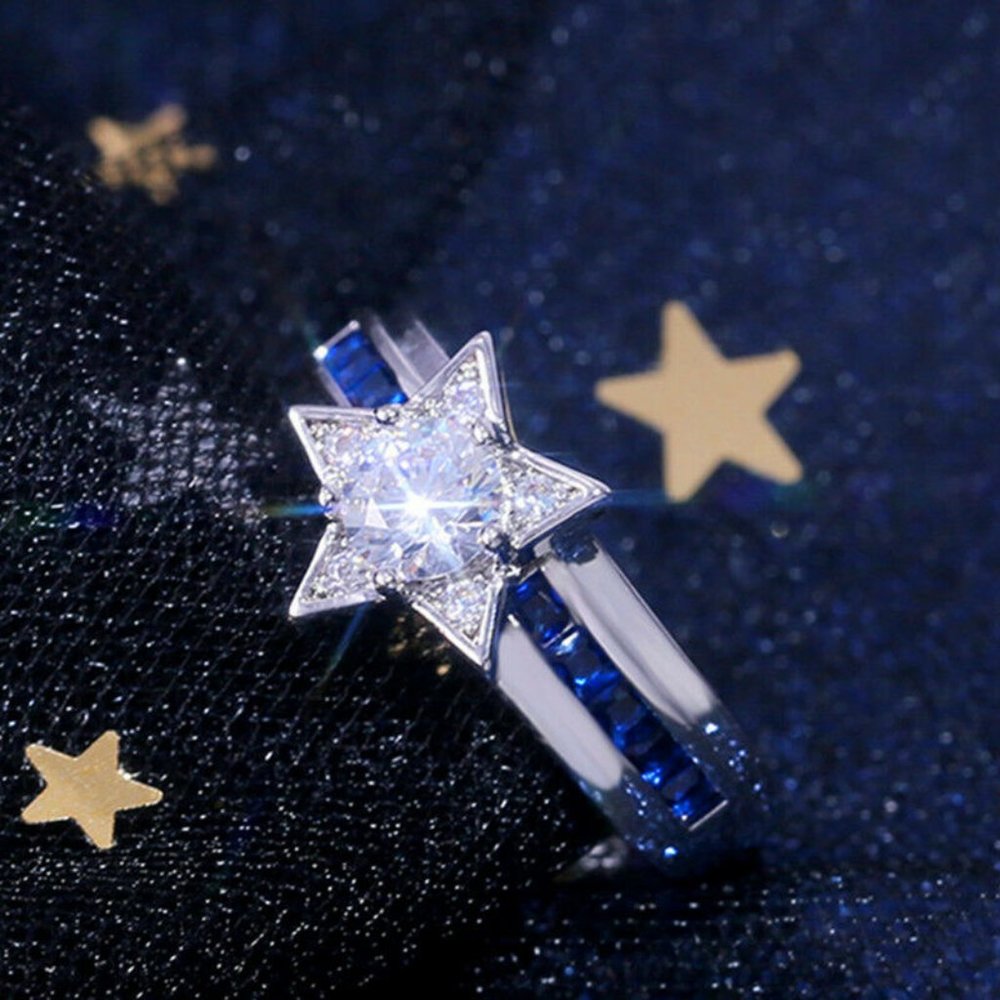 Chic 925 Silver Star Shape White Sapphire Ring New - Picture 5 of 5